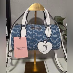 Juicy Couture Blue Denim Logo Mini Barrel Bag with White Trim